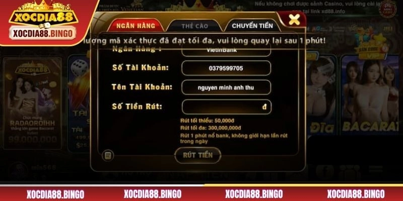 Rút tiền thưởng XOCDIA88 bằng hình thức Ngân hàng